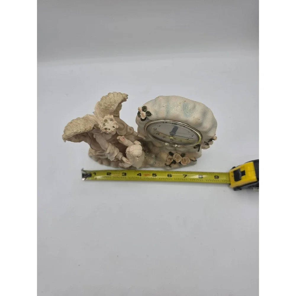 Vtg Angel Child Resin Desk Clock Cream Rose Scalloped Quartz Decor non-working